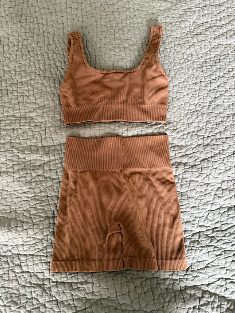 Seamless Ribbed Crop Tank & High-Waist Shorts Set - brown